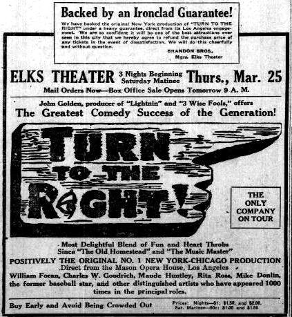 1920 Phoenix newspaper advertisement for the Elks Theater's production of 'Turn to the Right'